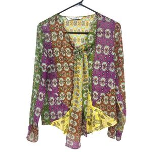 Zara‎ Boho Patchwork Sheer Blouse S Scarf Print Retro 70s Artsy Statement Top